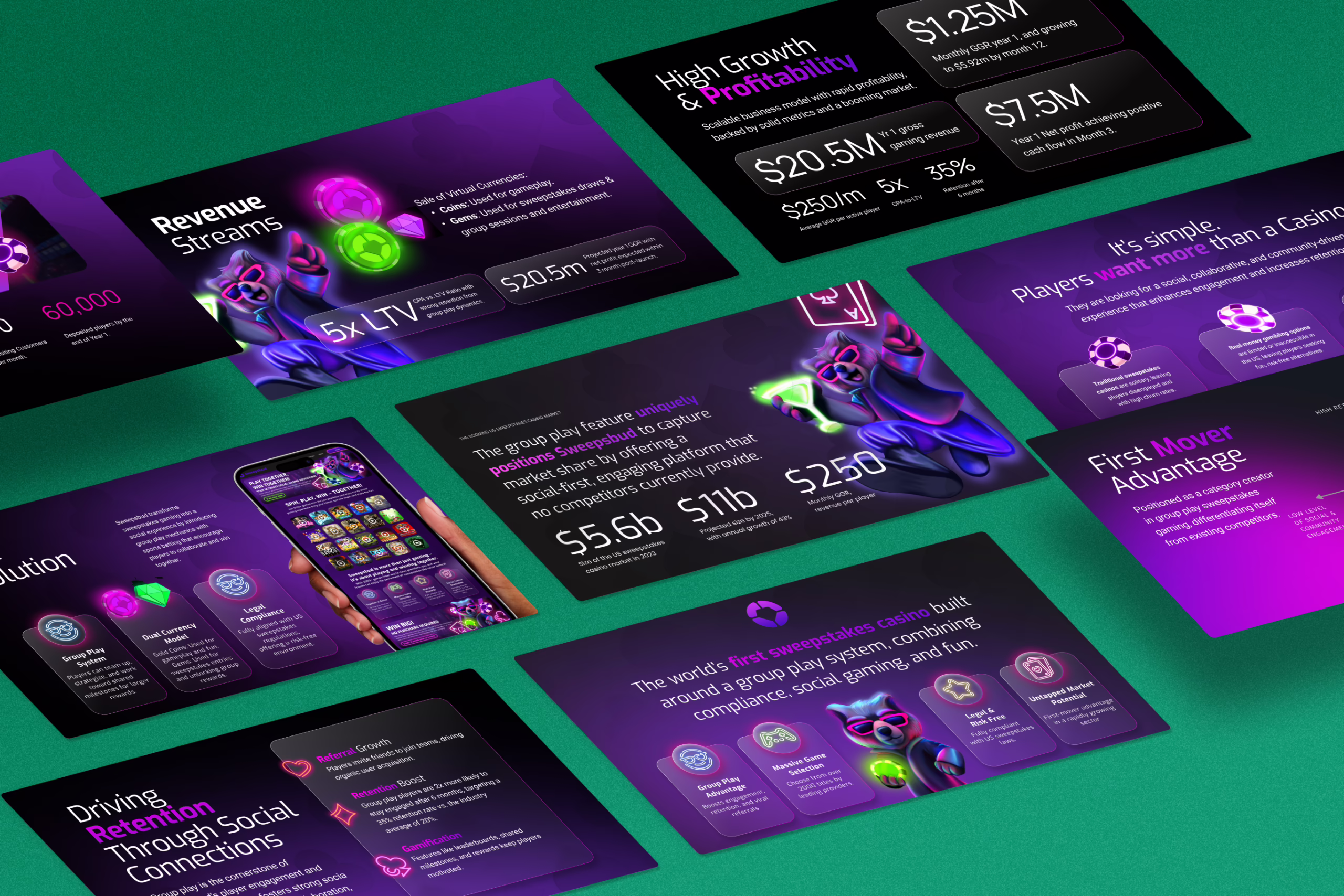 pitch deck mockup for a social sweepstakes casino