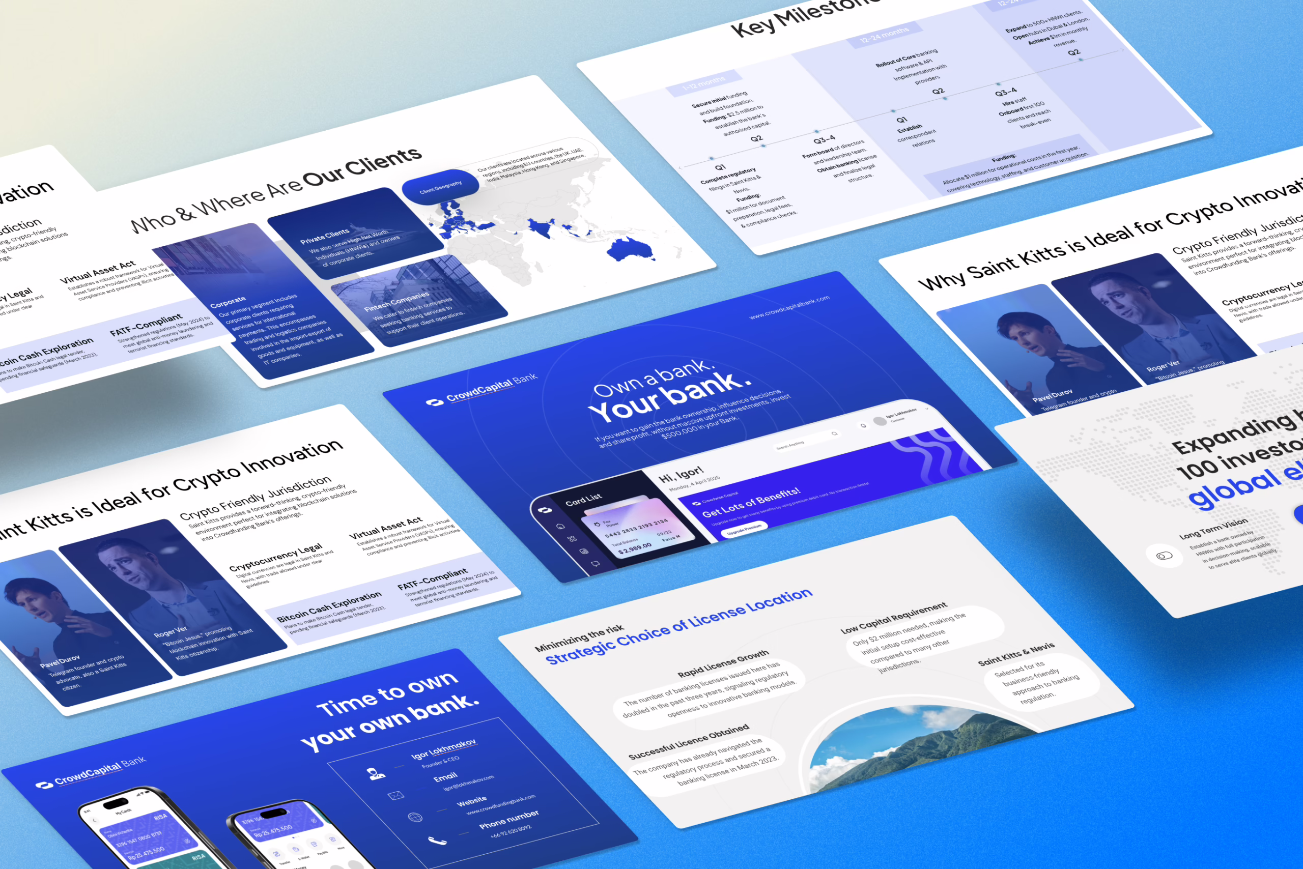 A set of slides outlining a pitch deck done for a crowdfunding bank client of viktori.co