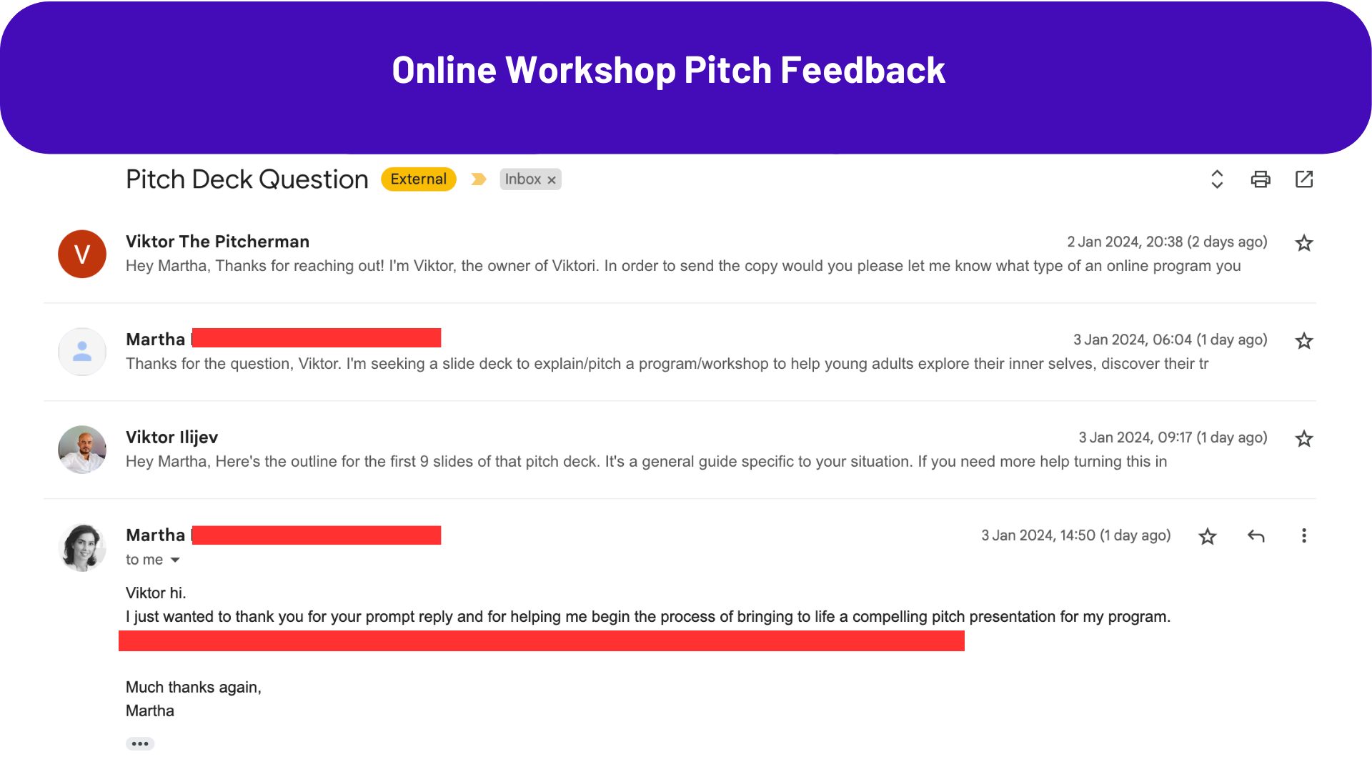 online workshop pitch deck outline feedback