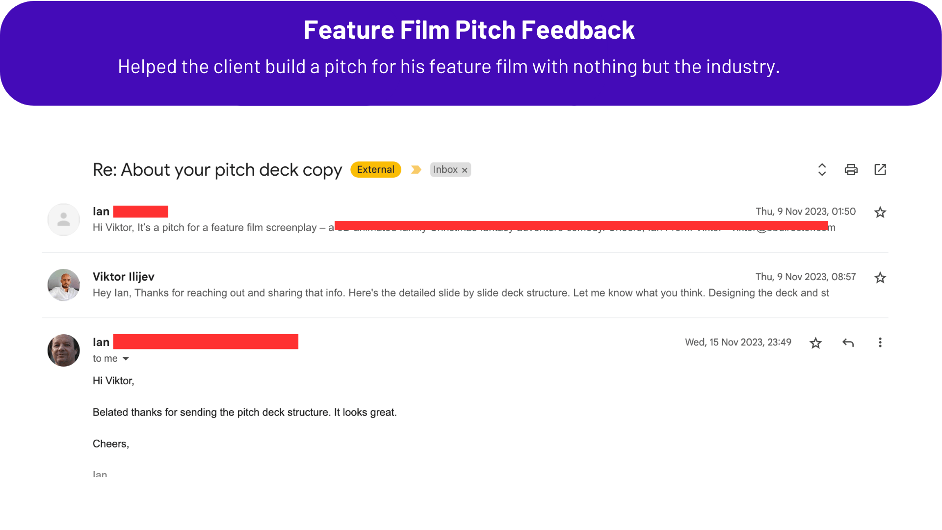 feature film pitch deck outline feedback