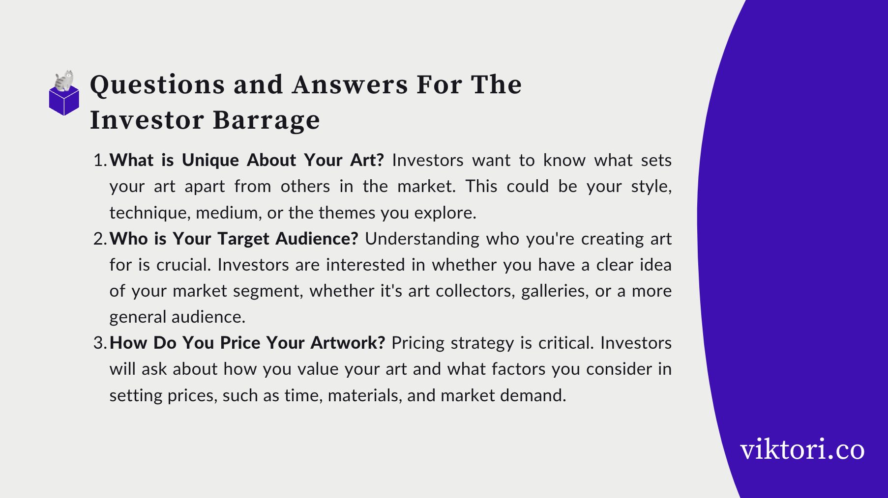 questions investors ask art startup owners: art startup pitch deck guide