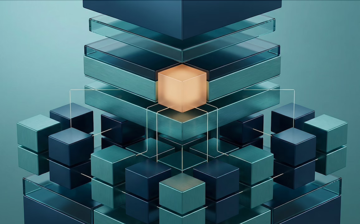 Abstract representation of governance and decision authority in institutional capital allocation. Visual metaphor: structured layers, aligned nodes, or a centralized authority shape governing distributed elements. Emphasis on order, hierarchy, accountability. Style: corporate, institutional, precise. No people, no symbols of voting, no literal committee tables. Color palette: Viktori gradient — dark blue foundation, teal structure layers, restrained amber focal point. Lighting: neutral, evenly balanced. Mood: formal, procedural, authoritative. Composition: symmetrical or grid-based, editorial-quality featured image.