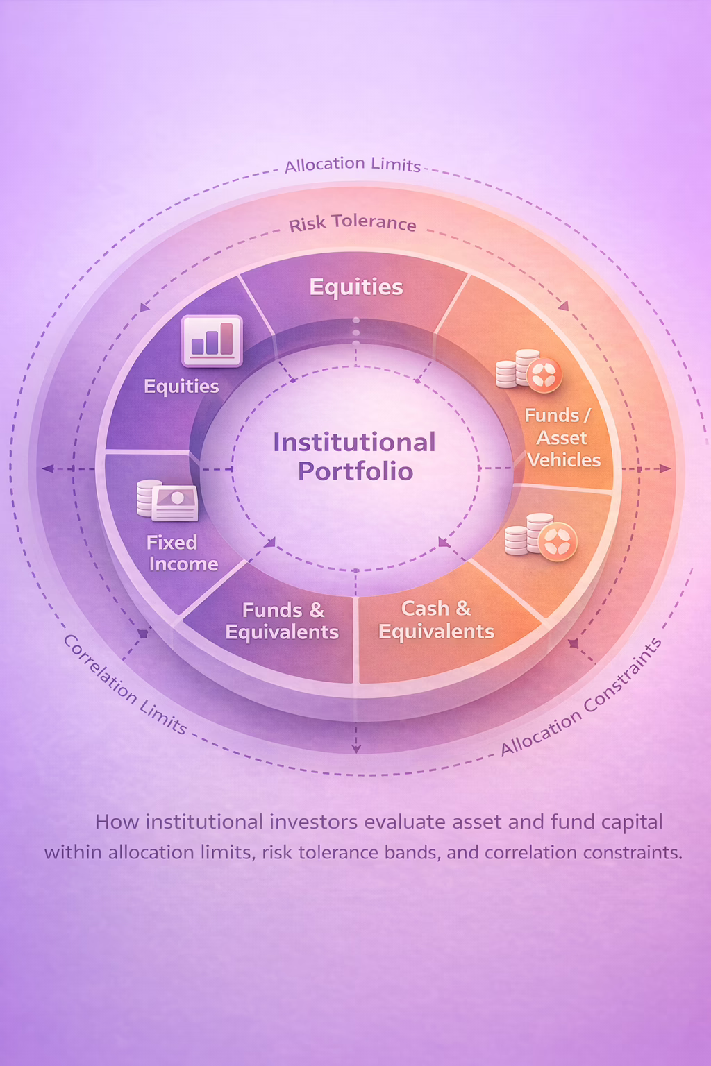 Diagram illustrating how institutional investors evaluate asset and fund capital within portfolio allocation, diversification, and risk constraints.
